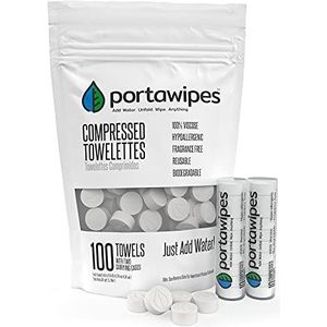 Portawipes Münztaschentücher | 100 Stück mit 2 Tragetaschen | Toilettenpapiertabletten | komprimierte Handtücher | erweiterbare Tücher | weich und geruchsfrei