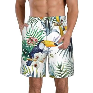 Roze Theepot Print Heren Zwemplank Shorts Zwembroek Trunks Badmode Sneldrogende Surfen Strand Essentiële Zomer, Tropische bladeren Vogel, S