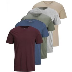 JACK & JONES Heren T-shirt Effen T-shirt, 5 stuks (beige, rood, grijs, blauw, groen), XL