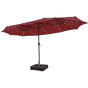 COSTWAY Dubbele parasol met standaard en led-verlichting, 450 x 260 cm, grote parasol, XXL UPF 50+, tuinparasol met zwengel, terrasparasol, marktscherm voor tuin, terras (rood)