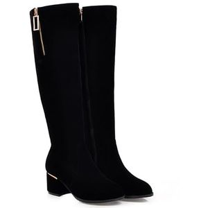 Elegante Hoge Laarzen Met Blokhak Dameslaarzen Met Lange Schacht En Ritssluiting Retro Suède Ridderlaarzen Wintersneeuwlaarzen Met Pluche Warme Katoenen Schoenen for Buitenshuis (Color : Black, Size