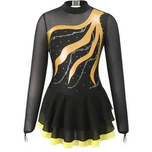 Kunstschaatsjurk voor meisjes, danskleding voor meisjes, lange mouwen, met strass-patch, schaatspak, balletshirt, gymnastiek (geel, 6)