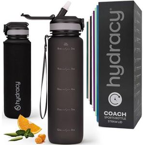 Hydracy Water Bottle with Times to Drink & Straw - Large 1 Litre BPA Free Motivational Water Bottle & No Sweat Sleeve -Leak Proof Gym Bottle with Time Marker - Ideal for Fitness, Sports & Outdoors
