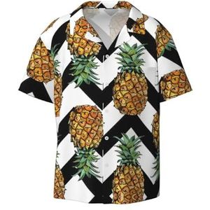 YJxoZH Ananas Met Zwart-Wit Gestreepte Print Heren Jurk Shirts Casual Button Down Korte Mouw Zomer Strand Shirt Vakantie Shirts, Zwart, 3XL