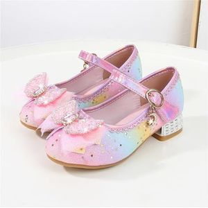 Leren schoenen voor kinderen, glitter, regenboog, prinsessenschoenen voor meisjes, feest, bruiloft, pailletten, strik, enkele schoenen voor kinderen, hoge hakken, prinsessenschoenen voor meisjes