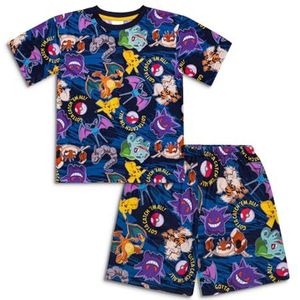 Pokémon Korte pyjamaset voor jongens, blauw, korte pyjama met all-over print, zacht, ademend nachtkleding voor kinderen van 5 tot 12 jaar, officiële merchandise, Blauw, 8-9 jaar