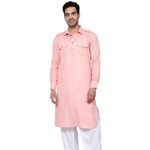 Lakkar Haveli Heren Indiaas traditioneel perzikshirt Kurta bruiloft feestkleding grote lange witte pyjama broek set jam-katoen (6X-Large), roze, 6XL