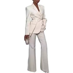 OHERUWKLS Dames Zakelijke Casual Pakken Geklede Blazer Revers Rechte Been Broek Set Met Riem,Wit,3XL