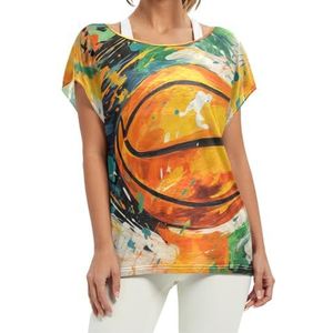 Aquarel Cool Basketbal Dames Korte Batwing Mouw Shirt Ronde Hals T-shirts Losse Tops voor Meisjes, Patroon, XL