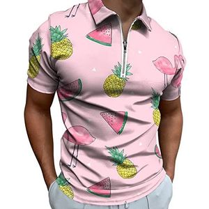 Tropisch fruit en flamingo heren poloshirt met rits T-shirts casual korte mouwen golf top klassieke pasvorm tennis tee