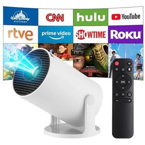 Miniprojector, Smart Projector 4K draagbare projector met Android 11 WiFi 6 Bluetooth 5.4, 130'' scherm, 180 graden rotatie, automatische keystone-thuisbioscoopprojector voor laptop, pc (Wit)