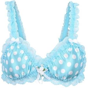 Satini Sissy Frilly Kant Getailleerd Satijn Bralette BH (Aquablauw - Stippel, S)