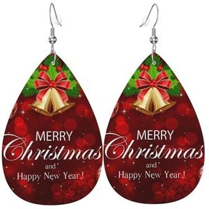 LAMAME Kerstbal Golden Bell gedrukt Teardrop Dangle Earring Dames lederen oorbel, Eén maat, Kunstleer, Geen edelsteen