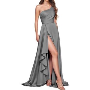 HPPEE Bruidsmeisjesjurken met één schouder en split ruches mouwloze satijnen baljurk lange baljurk, Grijs, 32