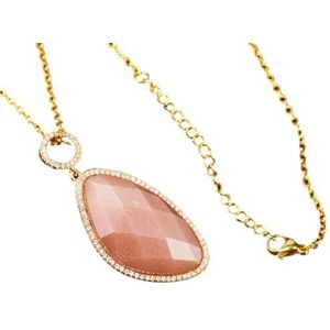 Natural Sunstone Pendant With Micro Zircon Women Classic Fashion Crystal Real 18k Gold Short Choker Necklace Party Jewelry Gifts (Color : Sunstone)