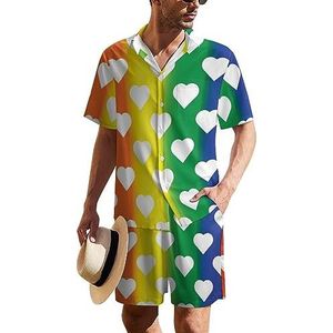Witte harten op LGBT Rainbow Heren Hawaiiaanse pak Set 2-delige Beach Outfit Korte Mouw Shirt En Shorts Bijpassende Set