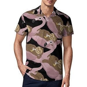 Chilling Luiaard op Flamingo Float Golf Polo-Shirt voor heren, zomer T-shirt met korte mouwen, casual sneldrogende T-shirts S