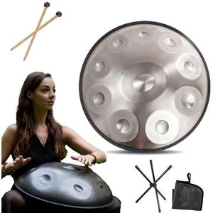 Handpan instrument - 432Hz/440Hz 9/10/ 12 Noten - 55cm Steel Tongue Drum - Hand Pan Drum met Drumhouder voor Klankgenezing (Size : 432Hz, Color : SILVER_10 NOTES)