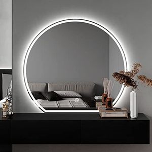 Halfronde frameloze badkamerspiegel met LED-licht, asymmetrische make-upspiegel, decoratieve spiegel, 3-kleurig dimbaar, beveiliging explosiebescherming, waterdichte lichtstrip (maat: 8