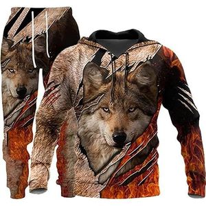 hiegi Kerstmis heren wolf hoodie en broek man 3D-print losse trui + joggingbroek trainingspak huispak joggingsuit punk casual sportkleding set, F-Wolf-6, L