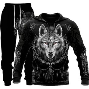 hiegi Kerstmis heren wolf hoodie en broek man 3D-print losse trui + joggingbroek trainingspak huispak joggingsuit punk casual sportkleding set, F-Wolf-4, L