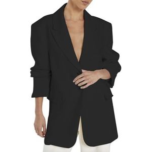 HGKPFGTG Oversized Casual Blazerjas voor Dames Effen Kleur Lange Mouwen Knoopsluiting Revers Werk- en Kantoorblazers,zwart,L