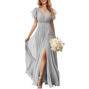 KURFACE Flutter mouw V-hals chiffon bruidsmeisjes jurken voor vrouwen met split ruches lange formele jurk avondjurk, Zilver, 32
