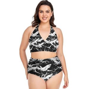 Zwart Wit Haai Vrouwen Bikini Sets Plus Size Badpak Twee Stukken Hoge Taille Strandkleding Meisjes Badpakken, Pop Fashon, XXL