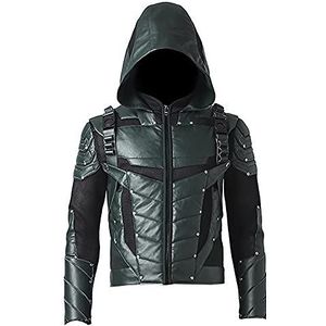 Green Arrow S5 Oliver Queen Stephen Amell kostuum met capuchon leren jas broek, Groene Pijl Faux Hoodie, M