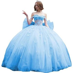 Fuomomo Quinceanera-jurk met dunne bandjes en vlinderglitter, Quinceanera-jurk met vlinders en grote strik, baljurk van kant met parels MT053, Blauw, 38