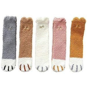 Solaud Kat Paw sokken, 5 paar dames kat poot fuzzy pluizige comfortabele pantoffels sokken winter warm pluche thuis schattige kat poot zachte slaap sokken Kerstmis fuzzy sokken, Wit, one size