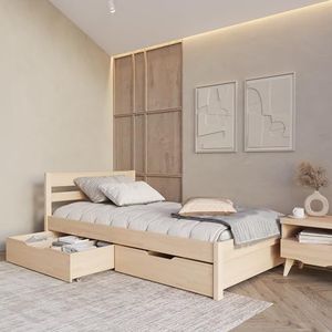 80x200 cm houten bed met hoofdeinde - Kaja Scandi-stijl bedframe met lattenbodem incl. een opberglade - Natuurlijke kleur - Draagvermogen 350 kg