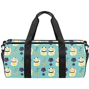 Reizen strandtassen, grote sport gym overnachting duffle cartoon Japanse gelukskatten bloemenpatroon print schoudertas met droge natte zak