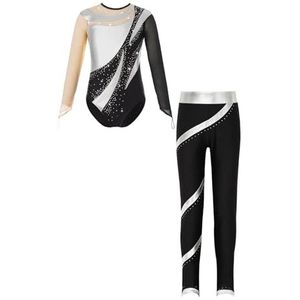 Dans- en balletpak voor kinderen, gymnastiekpak voor meisjes, glanzend kunstlooppak met broek, danskledingsets voor 6 tot 16 jaar, zilver, 16