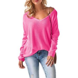 Mikos * Pullover voor dames, vrouwen, off-shoulder, lange mouwen, voor lente, zomer, herfst en winter, gebreide trui, baggy, V-hals, losse trui, oversized (694) SML, neonroze, Eén maat