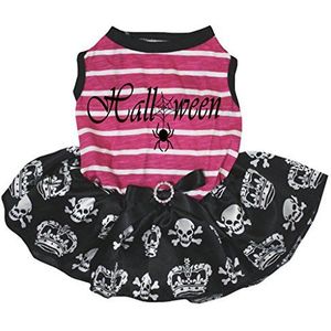 Petitebelle Puppy Kleding Hond Jurk Halloween Roze Wit Gestreepte Top Schedel Tutu, Medium, Roze, Wit