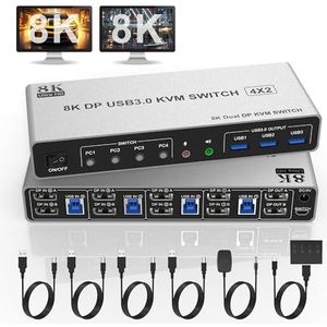 8K @60Hz Displayport USB 3.0 KVM Switch 2 monitoren voor 4 computers 8K @60Hz 4K @144Hz, DP1.4 Dual Monitor Displayport KVM Switch 4 poorten met audio-uitgang en 3 USB 3.0, 8K DP Monitor Switch voor 4