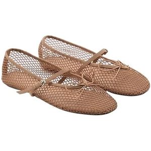 UBOHUZ Mesh schoenen met ronde neus voor vrouwen, uitgesneden zomerschoenen, visnet, ballerina's, riempje, elegant, zacht, ademend voor dames (kaki, maat 41)
