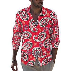 Rood paisley-patroon heren revers shirt met lange mouwen button down print blouse zomer zak T-shirts tops M
