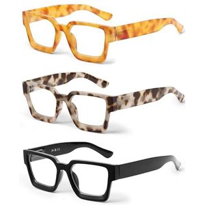 JM Set van 3 vierkante leesbrillen, computerlezer met blauwlichtblokkering voor dames en heren, zwart/schildpadgrijs/schildpadgeel, 147 milímetros