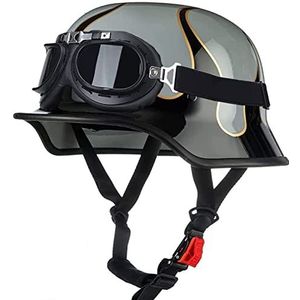 Retro motorfiets halve helm voor volwassenen met UV-vizierbril, DOT-goedgekeurde vintage Duitse stijl schedelkap halfhelmen voor mannen en vrouwen Street Scooter Cruiser Bromfiets Chopper ATV