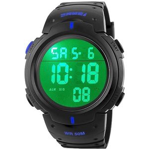 PASOY Mannen Digitale Horloge Grote Wijzerplaat Licht LED Zwemmen Waterdichte Zwarte Rubber Band Alarm LED Datum Horloges 50MM, Blauw, L, Digitaal