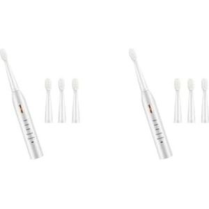 2 Set van Tandenborstel Elektrische IPX7 Waterdichte Tandenborstel Verstelbare Draagbare Tand Cleaning Tool met 4 Koppen, Wit Goud