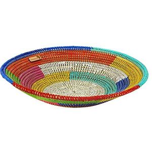 Afrikaanse ronde schaal / fruitschaal, 40 cm diameter, gemaakt van savannengras in Afrika (kleurrijk)