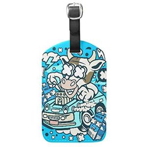 Koe Bull Cartoon Blauw Bagage Bagage Koffer Tags Lederen ID Label voor Reizen (2 stuks)