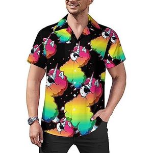 Grappige eenhoorn lama heren casual button-down shirts korte mouw Cubaanse kraag T-shirts tops Hawaiiaans T-shirt S