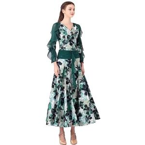 MLYYX Bedrukte Salon Dansjurken Foxtrot Training Rok voor Vrouwen Lange Mouwen Flamenco Danskleding V-Hals Walskostuum, Groen, L