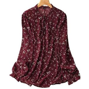 damestop in grote maten Plus een blouse met bloemenprint en gestrikte hals en volantmouwen (Color : Maroon, Size : 0XL)