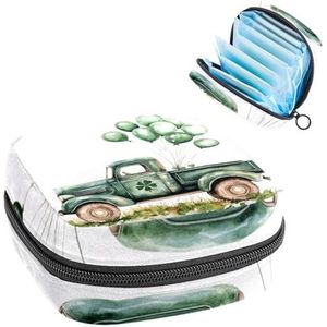 1 x maandverband, grote maandverband, organizer, herbruikbare eerste menstruatietas voor meisjes, dames, 17 x 17 x 12 cm, St. Patrick's Day groene vrachtwagen met ballonnen en klaver