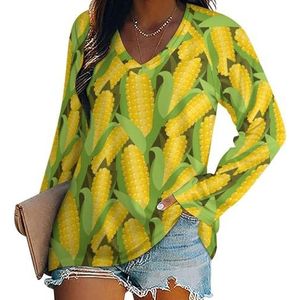 Geel maïspatroon dames lange mouw V-hals T-shirts herfst tops pullover tuniek T-shirt voor leggings